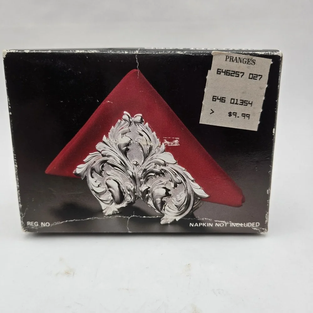 Vintage Ornate Silver Tone Napkin Holder Scroll Design NIB Hong Kong Baroque New